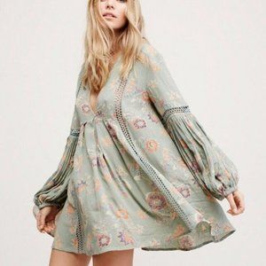 Free People Just The Two Of Us Printed Floral Lace Inset Tunic Dress, S